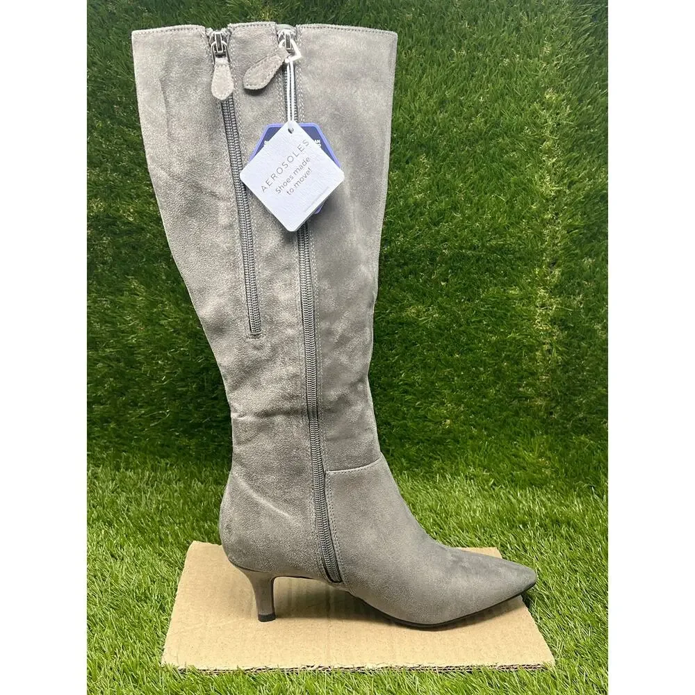 Aerosoles Women's 6M Epic Suede Gray Heel Knee High Boots